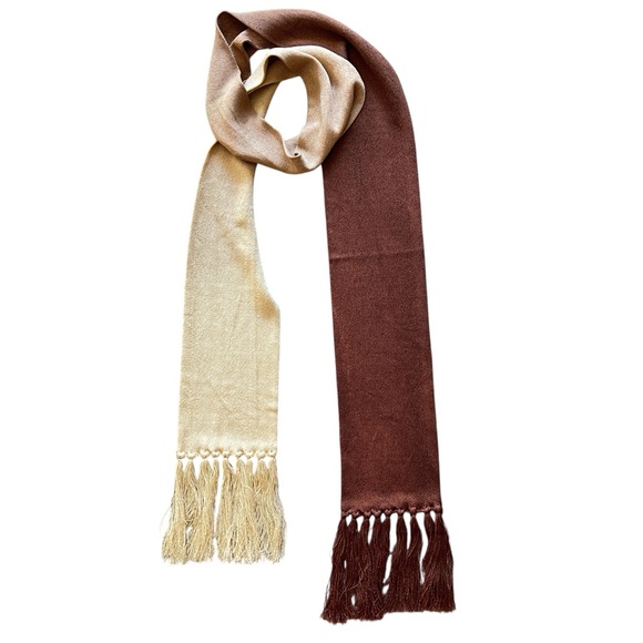 VINTAGE SCARF 80s Ombre 3-tone Tan Brown and Cream Knit Jersey w Fringe - Picture 5 of 15